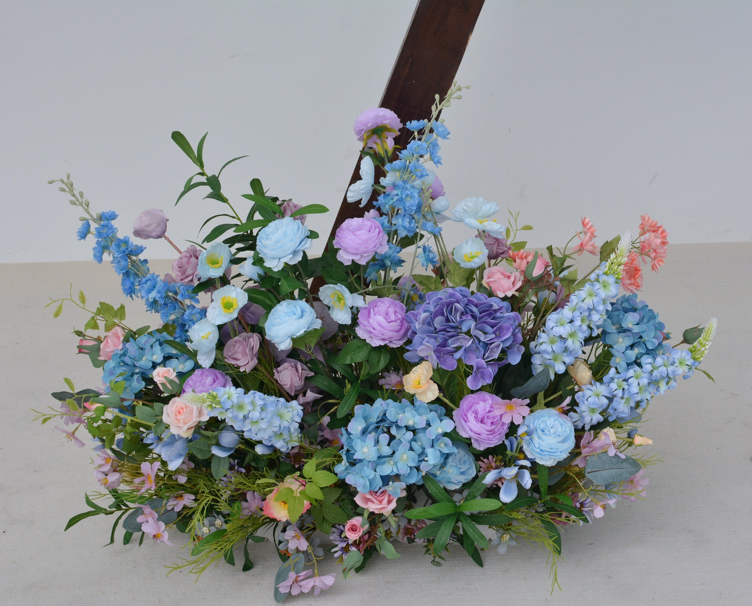Artificial Wedding Flower Arrangements for Arch in Shades of Blue, Purple, and Dusty Pink