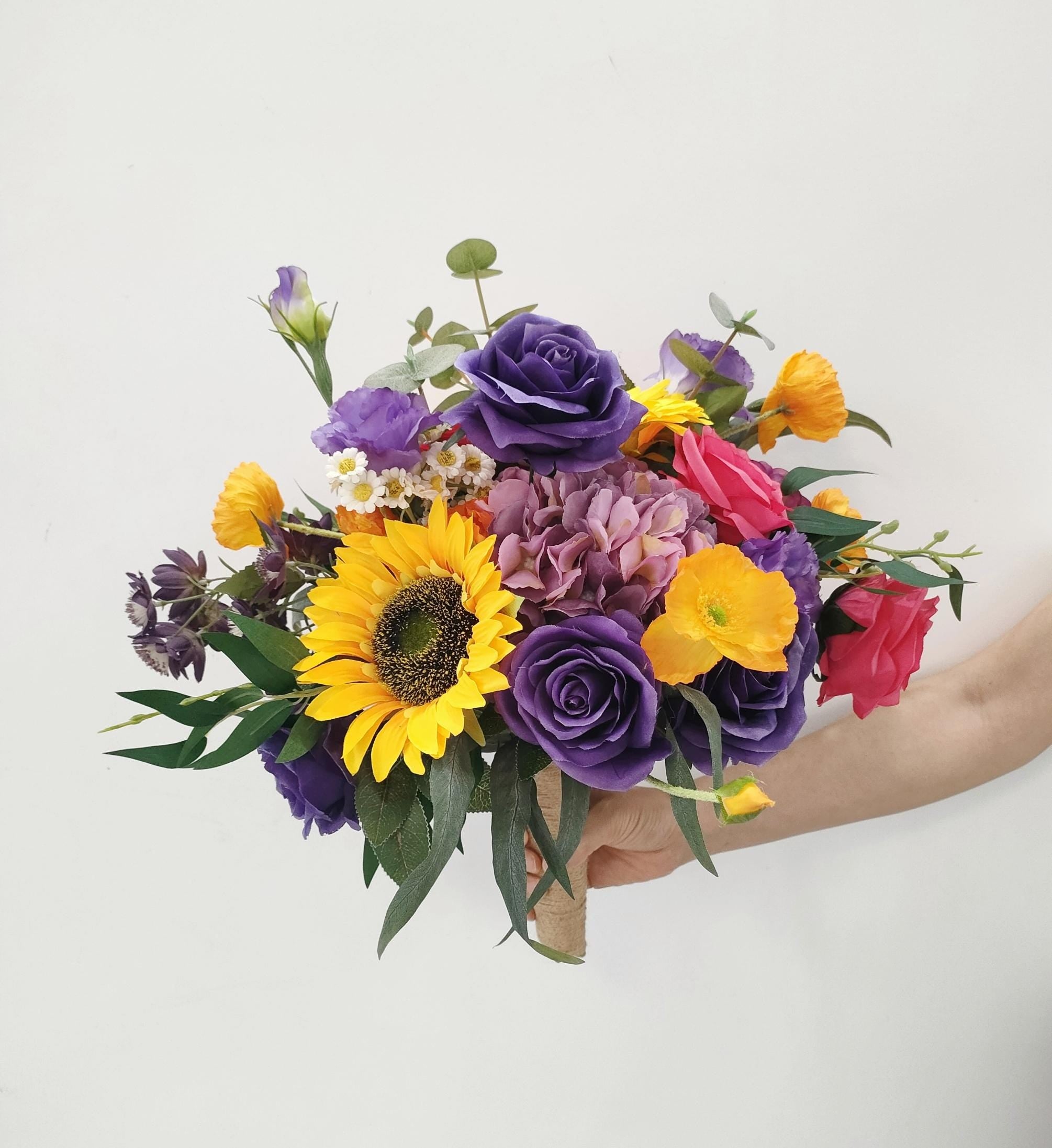 Sunflower Wedding Arch Arrangement: Purple Lisianthus, Crimson Roses