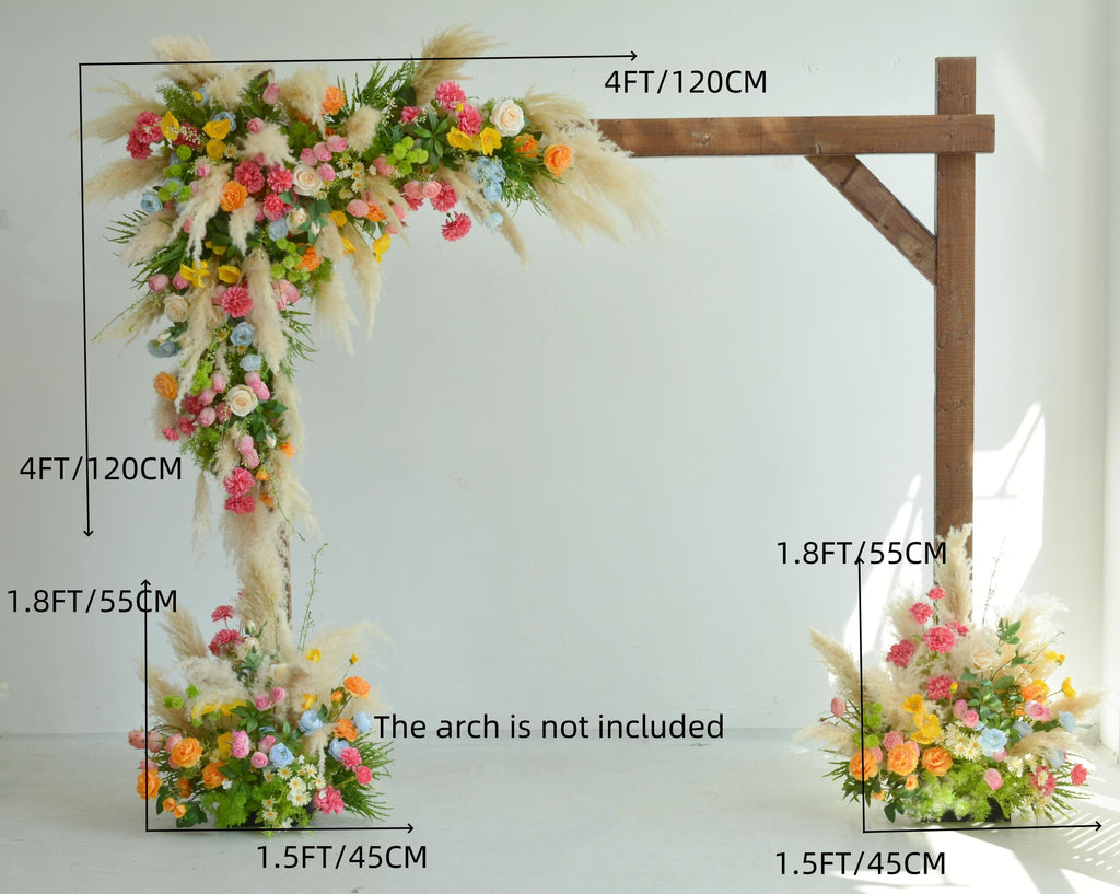 Colorful Pampas Grass Wedding Arch Flowers: Light Blue, Peach Ceremony Decor