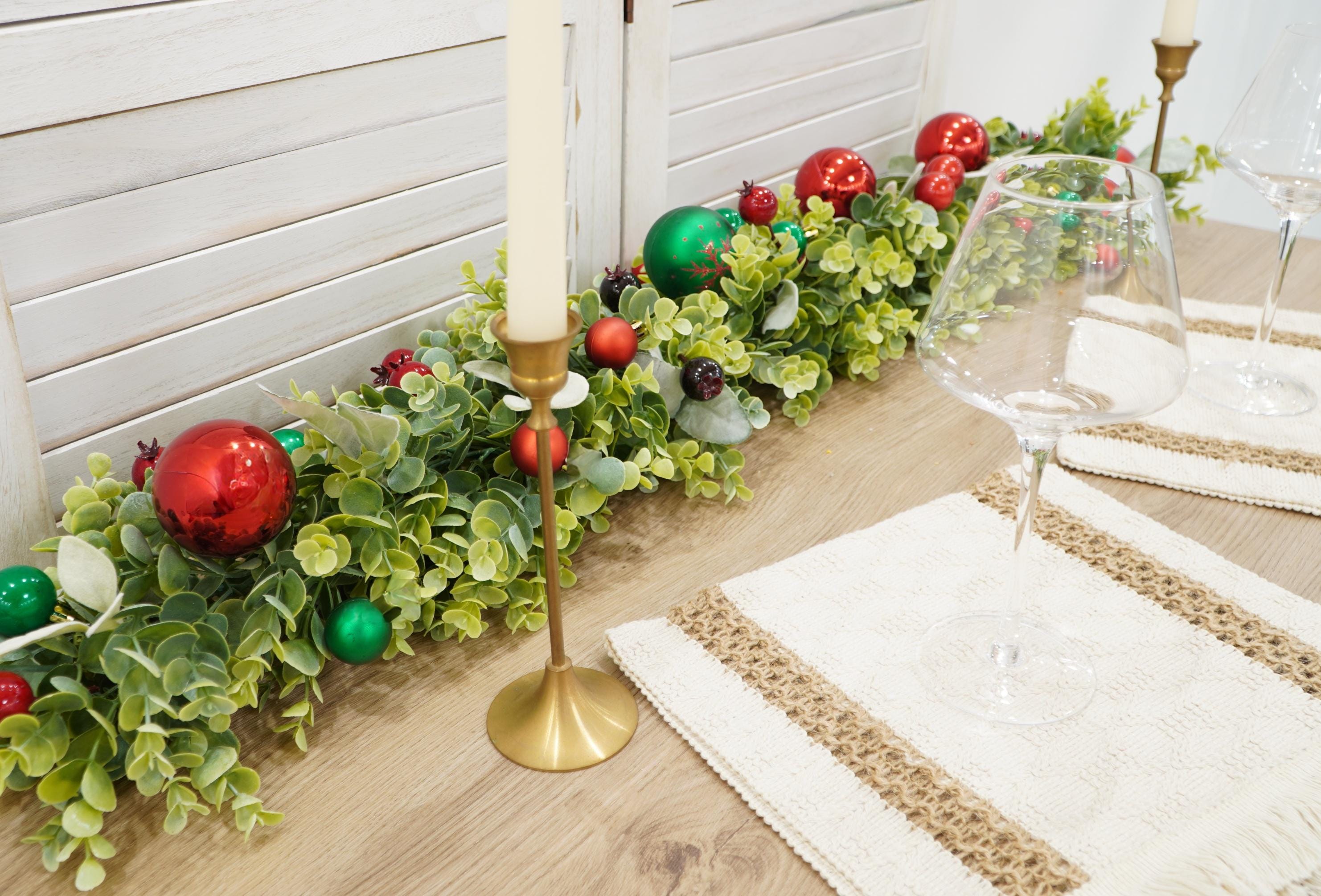 Christmas Garland with Greenery and Ornaments – Holiday Table Centerpiece or Mantel Decoration