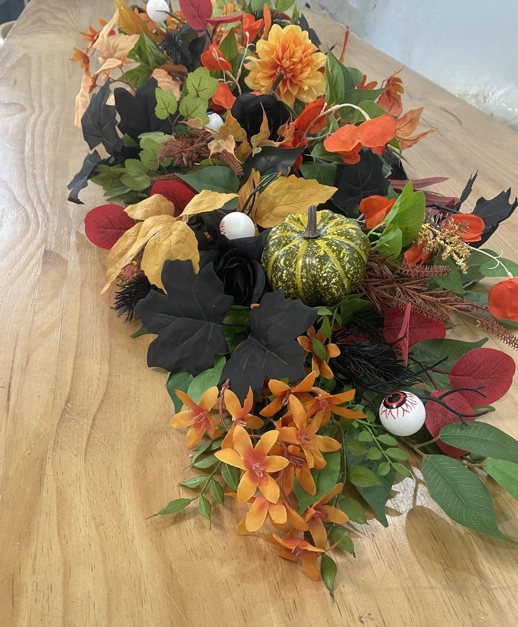 Autumn Halloween Floral Centerpiece – Orange, Burgundy, Green, Black with Pumpkins and Leaves