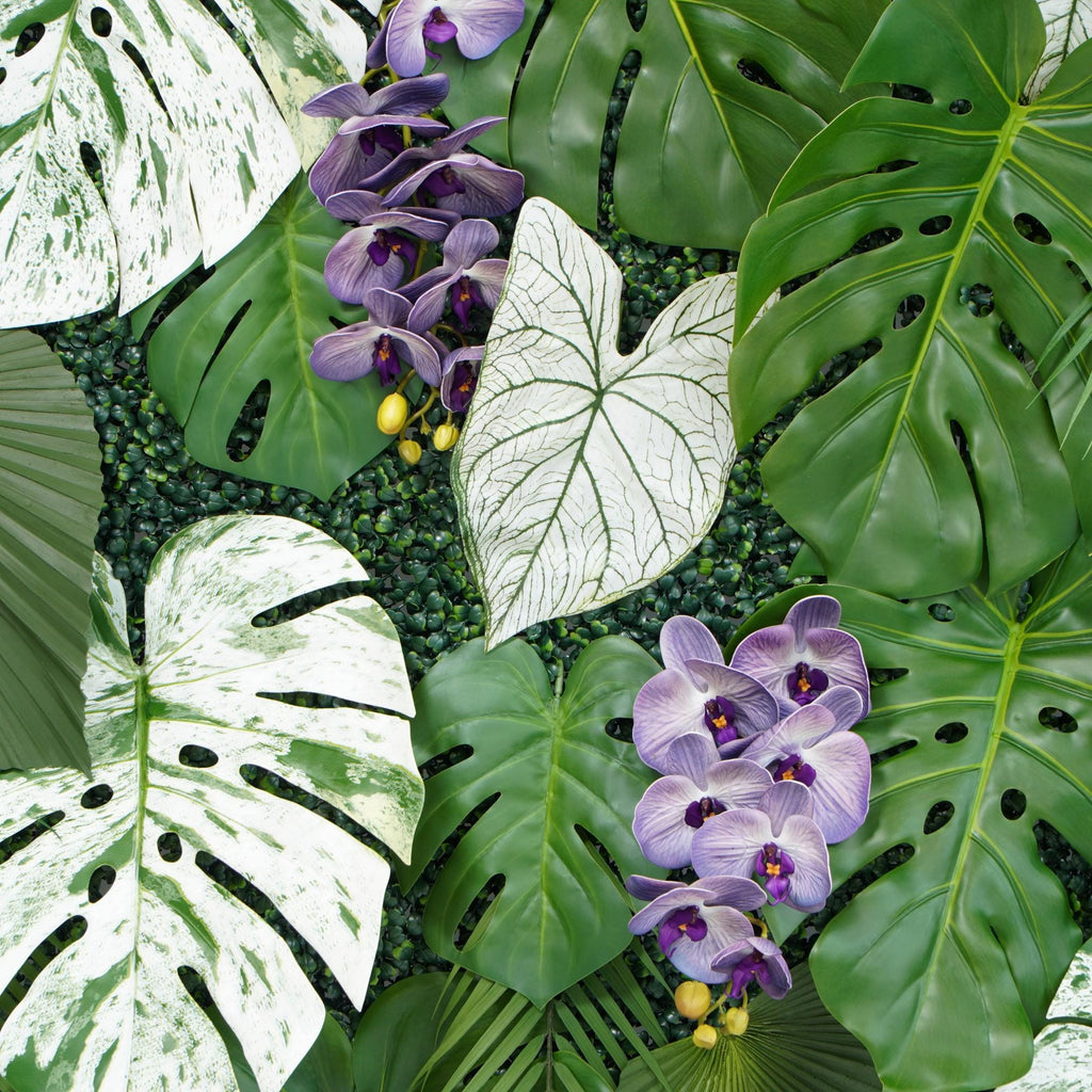 Faux Tropical Leaf Plant Wall: Purple Accents, Wedding Backdrop