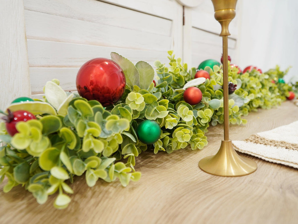Christmas Garland with Greenery and Ornaments – Holiday Table Centerpiece or Mantel Decoration