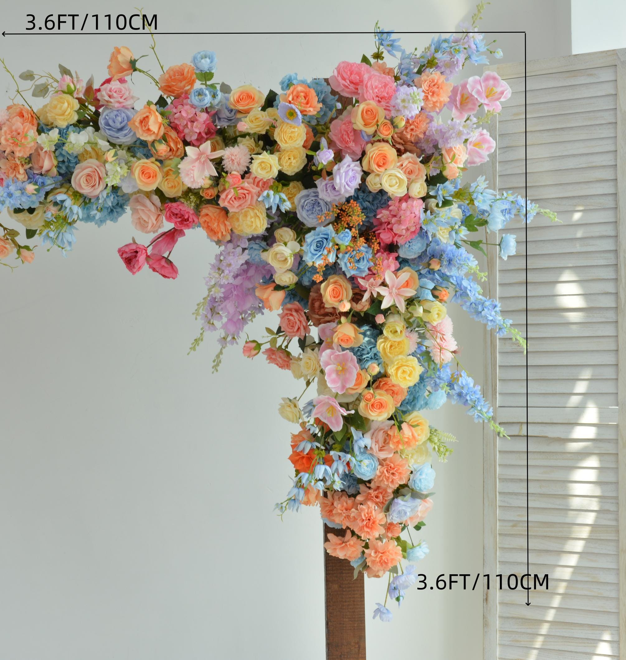 Pastel Wedding Arch Flower Arrangement with Soft Peach, Blush Pink, Baby Blue, and Lavender