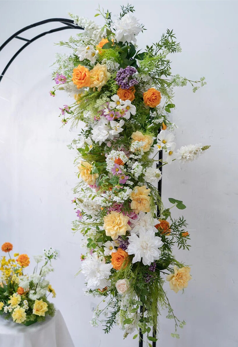 Artificial Wedding Flower Swag with Greenery, White and Yellow Flowers for Spring Summer Wedding