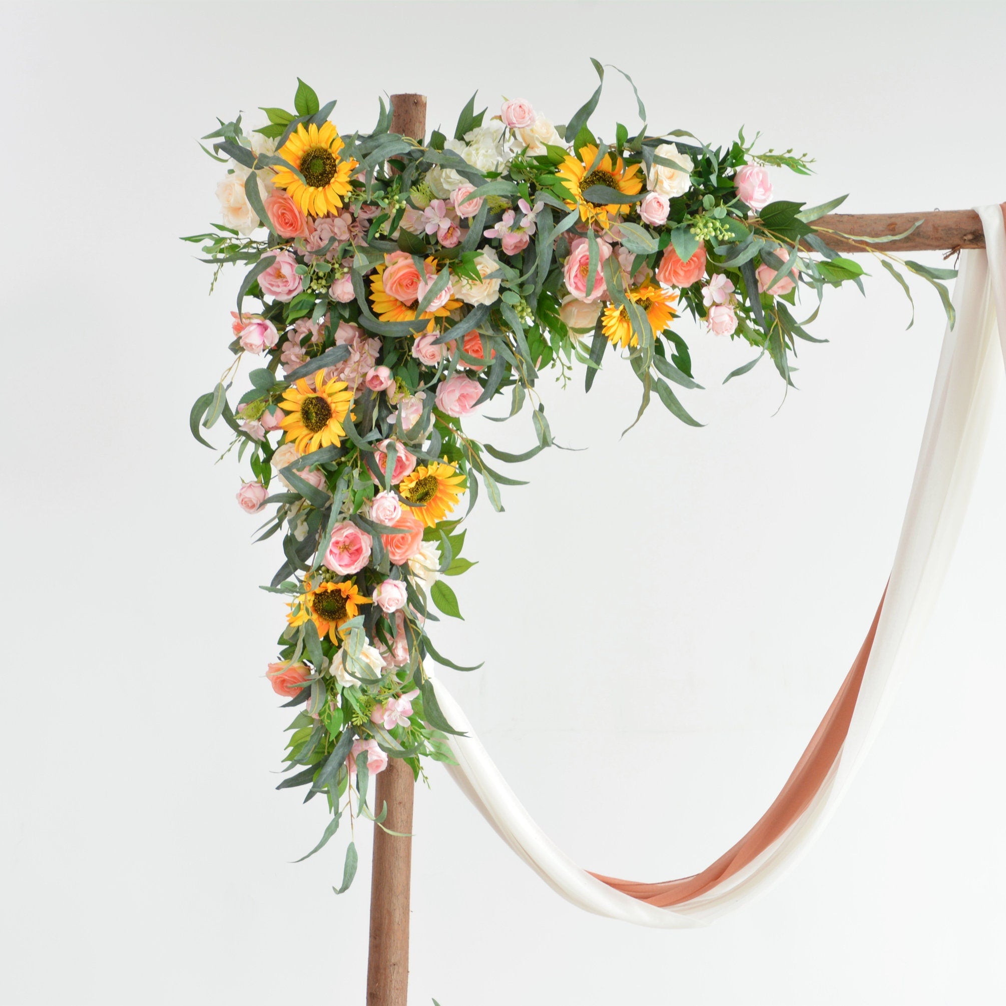 Arch Flower Arrangements with Sunflowers,Roses and Eucalyptus Wedding Flower Swag in Pink, Champagne, Ivory