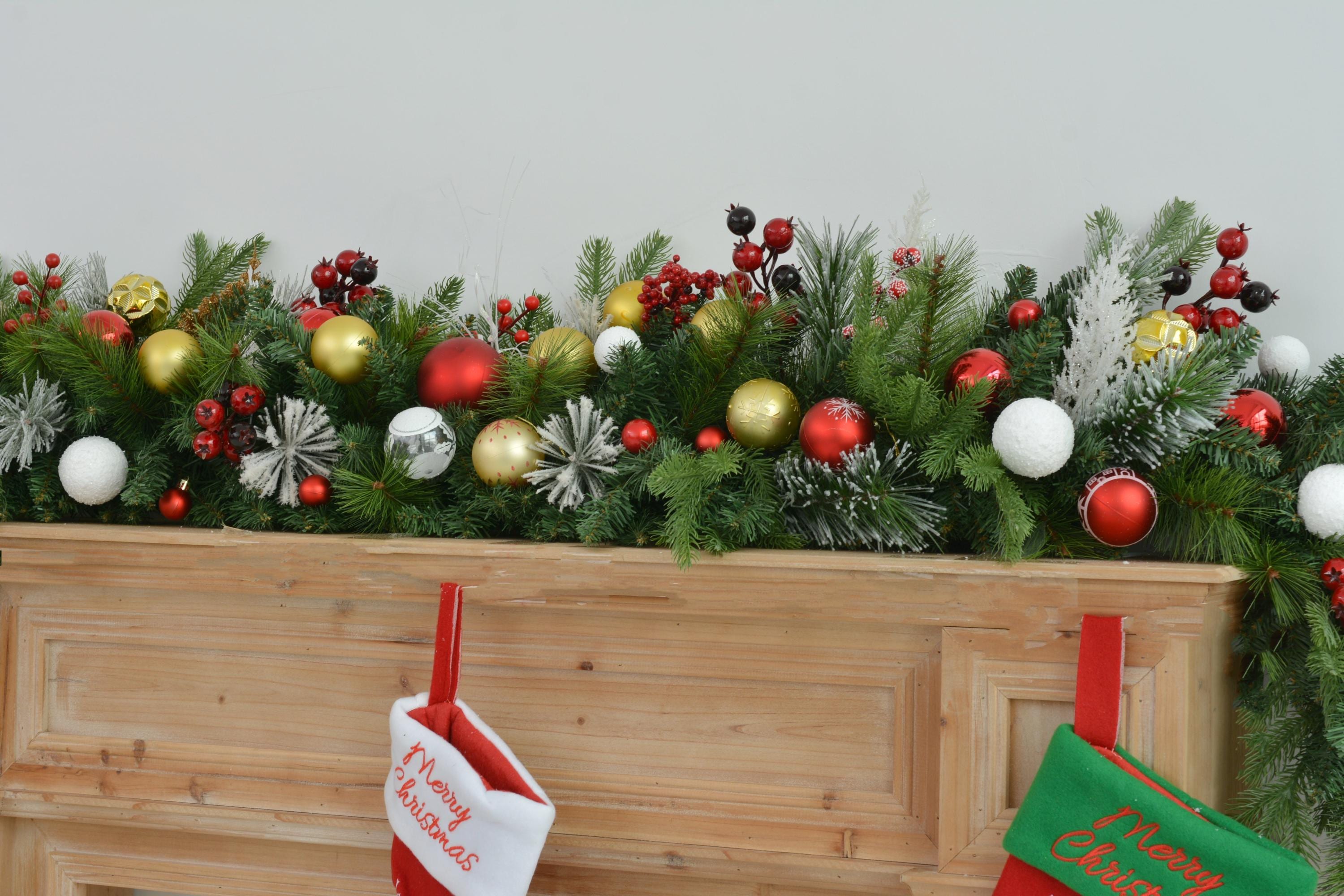 6FT Lush Christmas Mantel Garland with Red, Gold, and White Ornaments  Ideal for Mantel and Holiday Displays