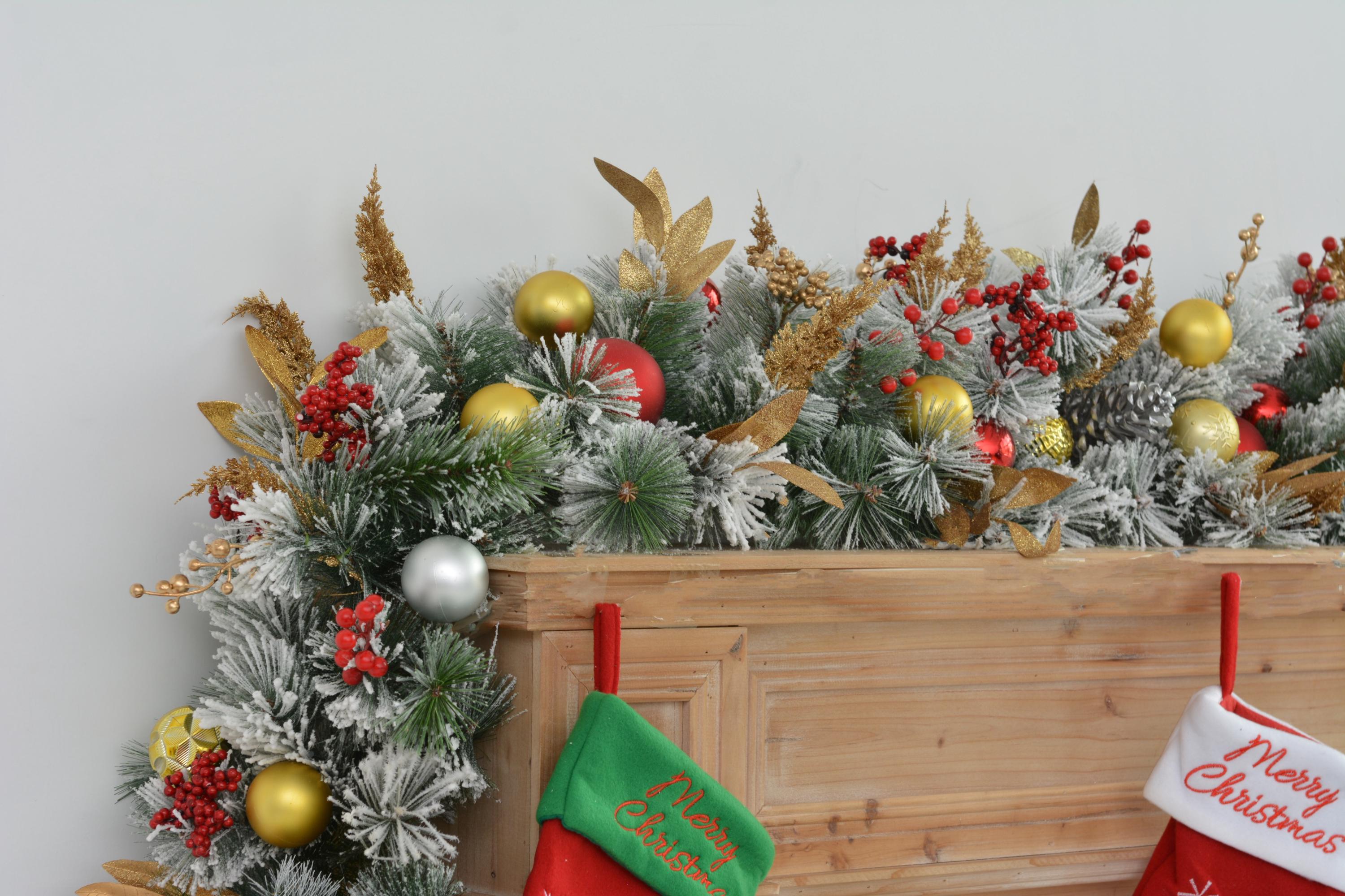 9FT Festive Christmas Garland with Gold, Red, and Green Decorations Holiday Mantel Garland for Fireplace or Doorway