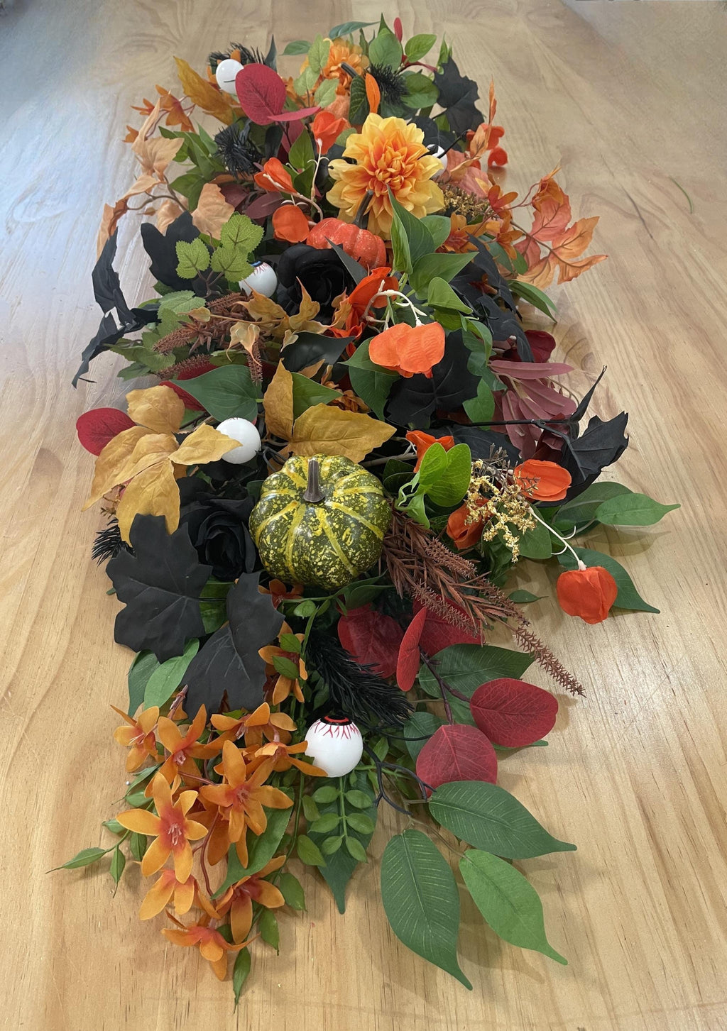 Autumn Halloween Floral Centerpiece – Orange, Burgundy, Green, Black with Pumpkins and Leaves
