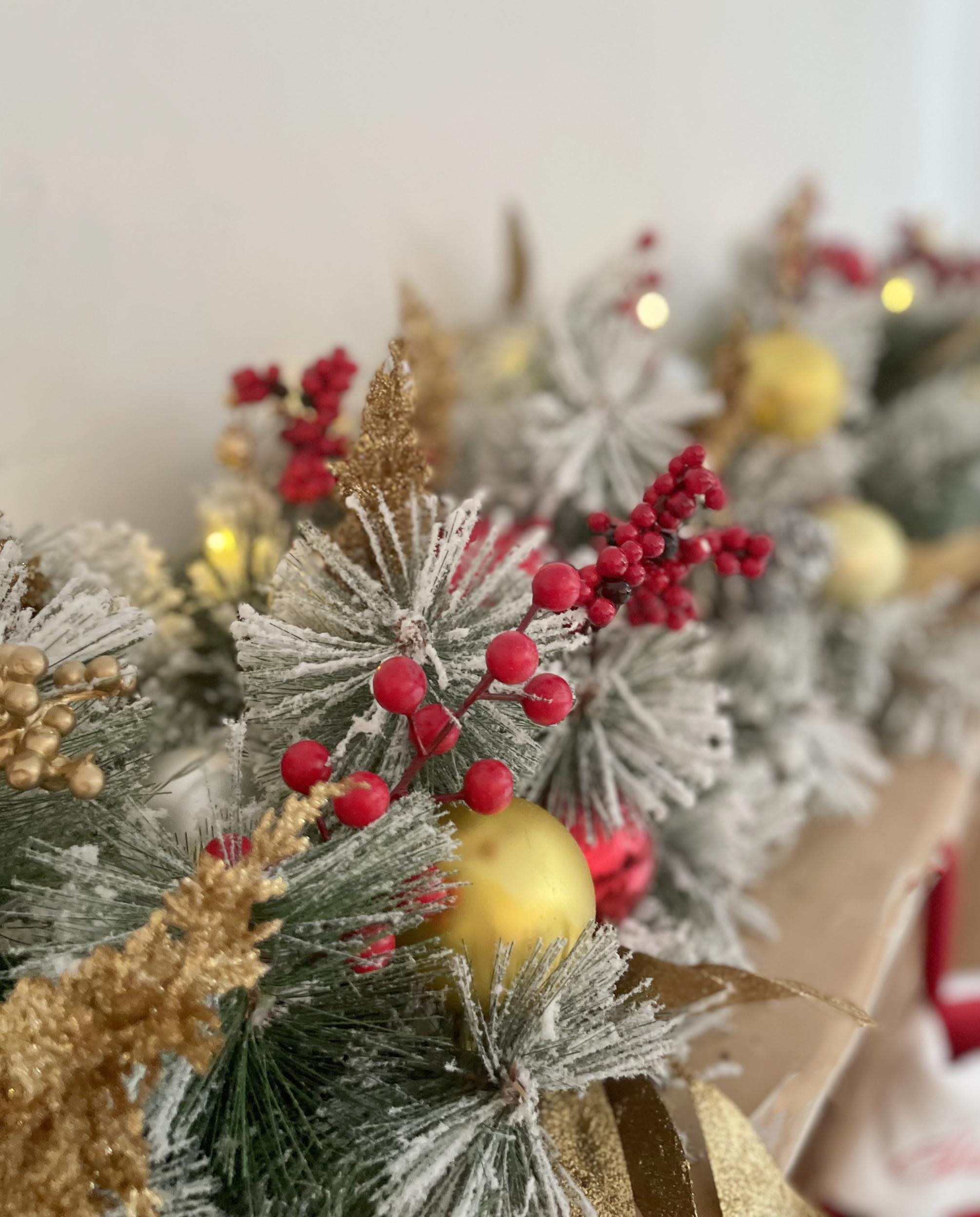 9FT Festive Christmas Garland with Gold, Red, and Green Decorations Holiday Mantel Garland for Fireplace or Doorway