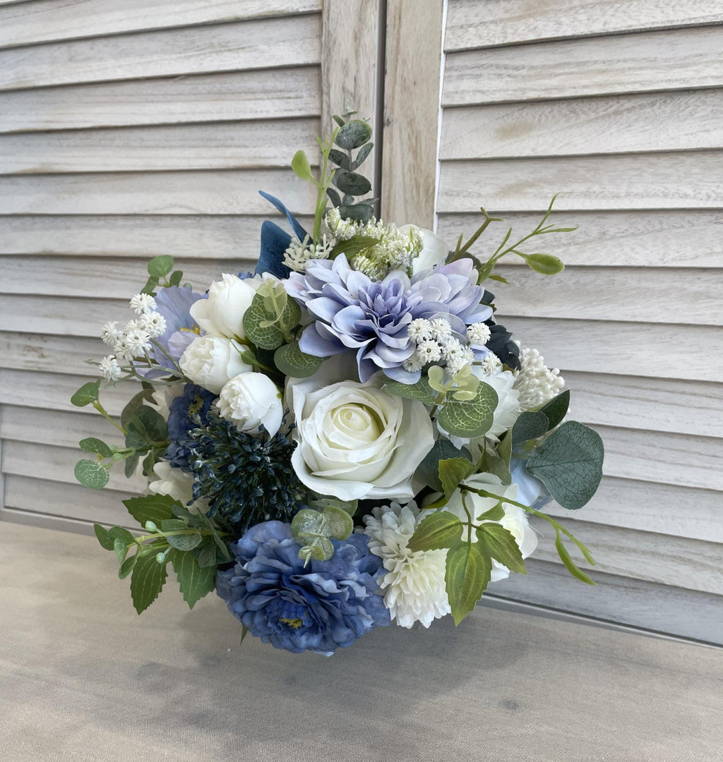Elegant Bridal Bouquet Silk Flower Arrangement Wedding Bouquet Dusty Blue and White