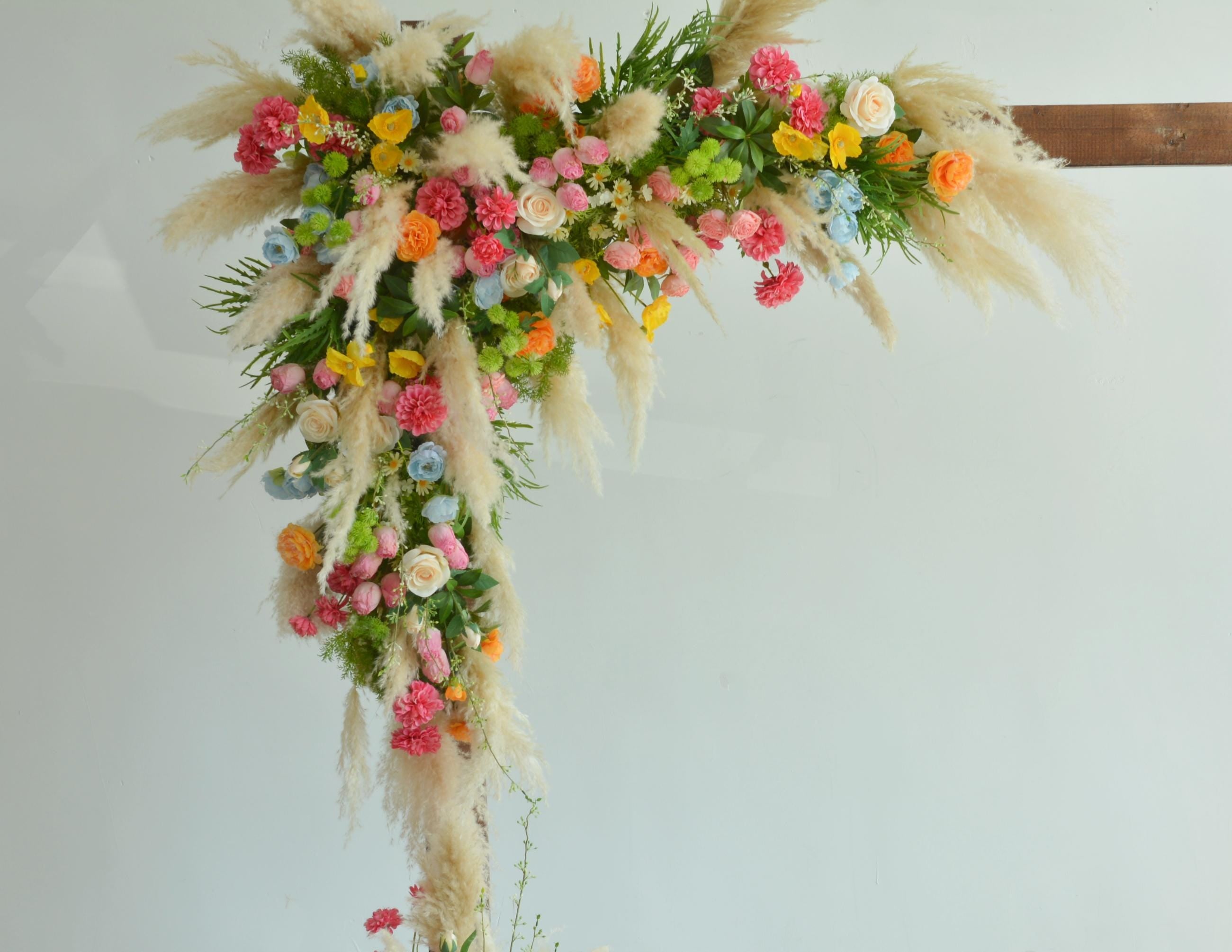 Colorful Pampas Grass Wedding Arch Flowers: Light Blue, Peach Ceremony Decor