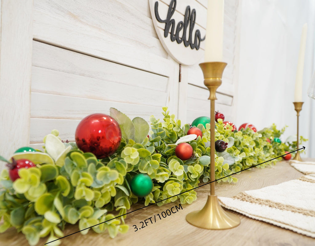 Christmas Garland with Greenery and Ornaments – Holiday Table Centerpiece or Mantel Decoration