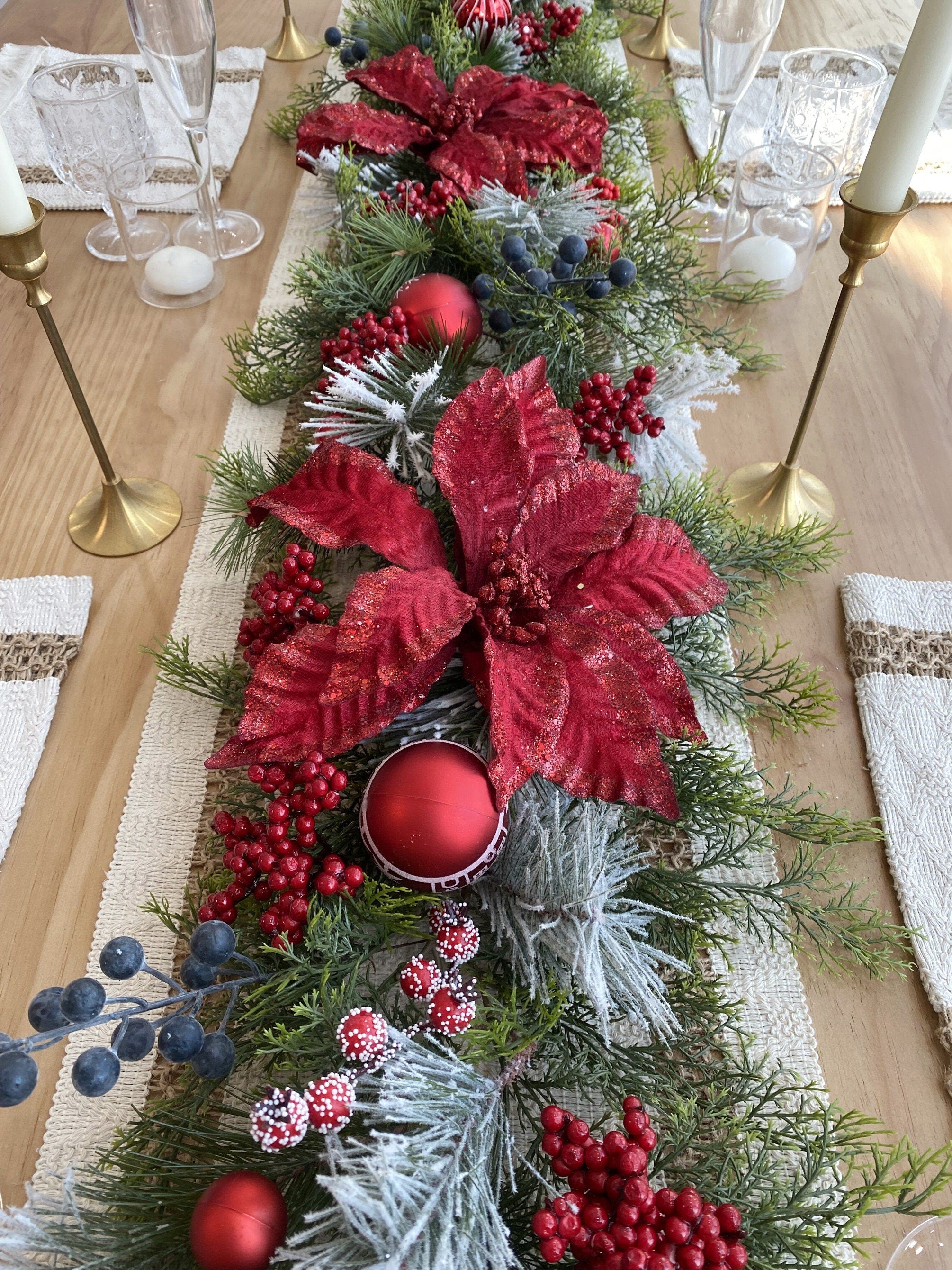 6.5FT Snow-Kissed Christmas Garland with Red Poinsettias, Red Balls, and Berries.