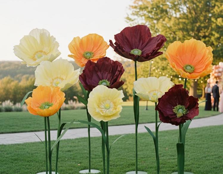 Giant Artificial Poppy Flowers, Large Paper Floral Stems for Outdoor Wedding Aisle and Event Decor