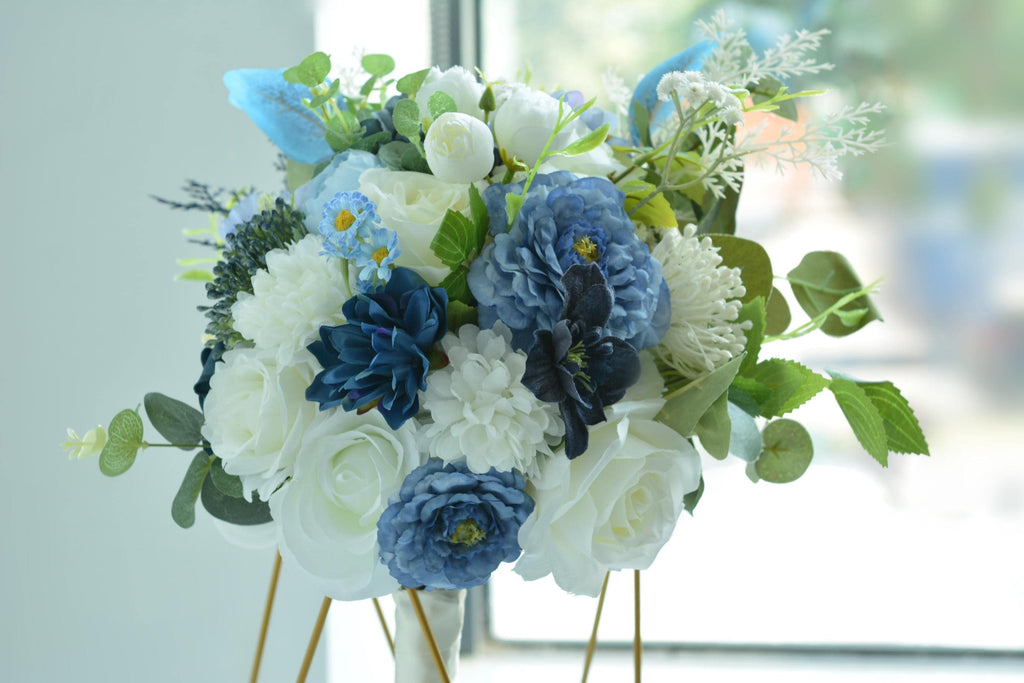 Elegant Wedding Bouquet Classic Bridal Flowers, White, Navy Blue and Blue