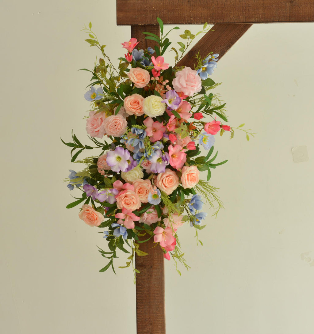 Artificial Floral Wedding Arch Ceremony Backdrop Rose Arrangement in Pink, White, and Yellow