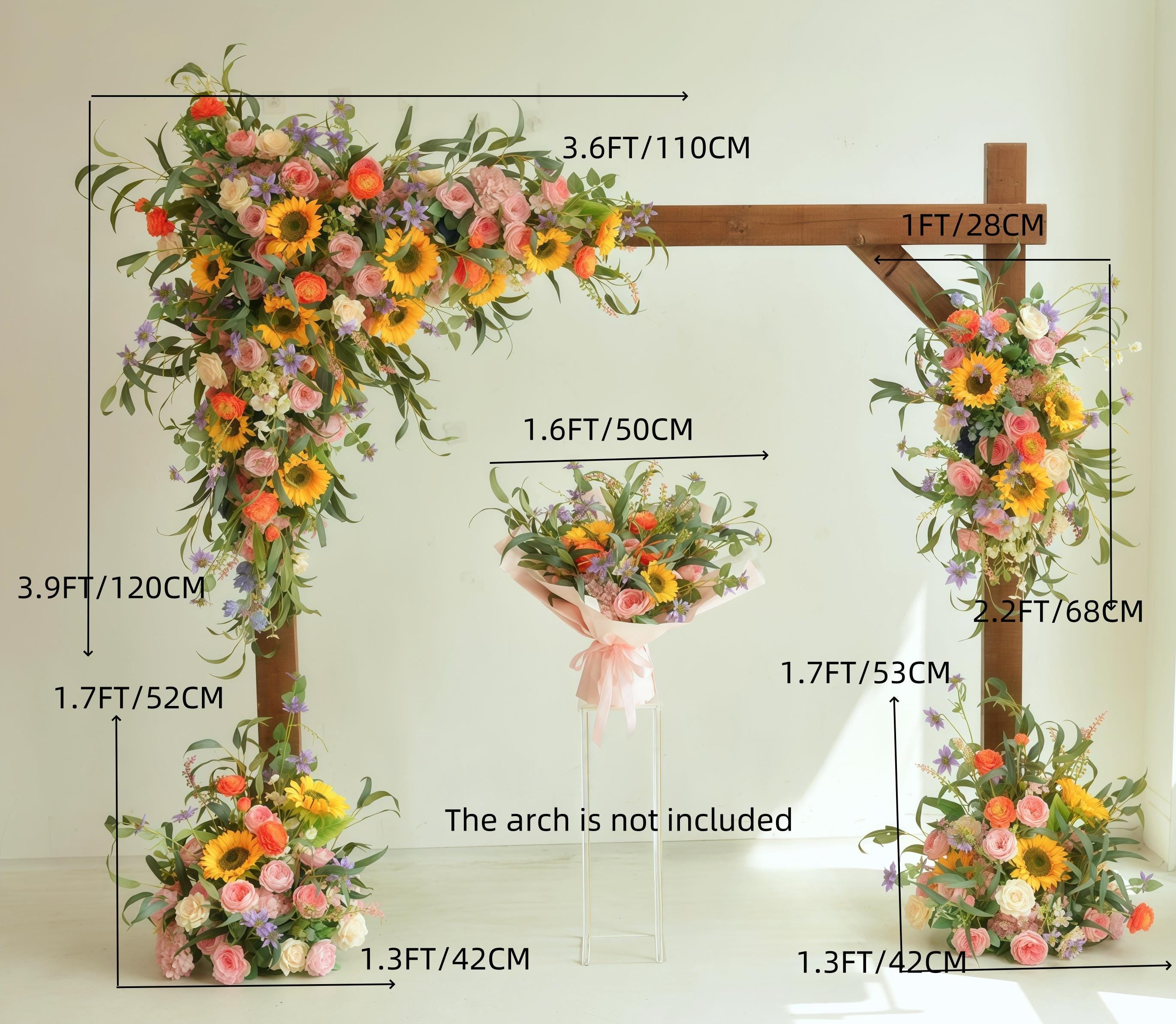 Arch Flower Arrangements with Sunflowers,Roses and Eucalyptus Wedding Flower Swag in Pink, Champagne, Ivory