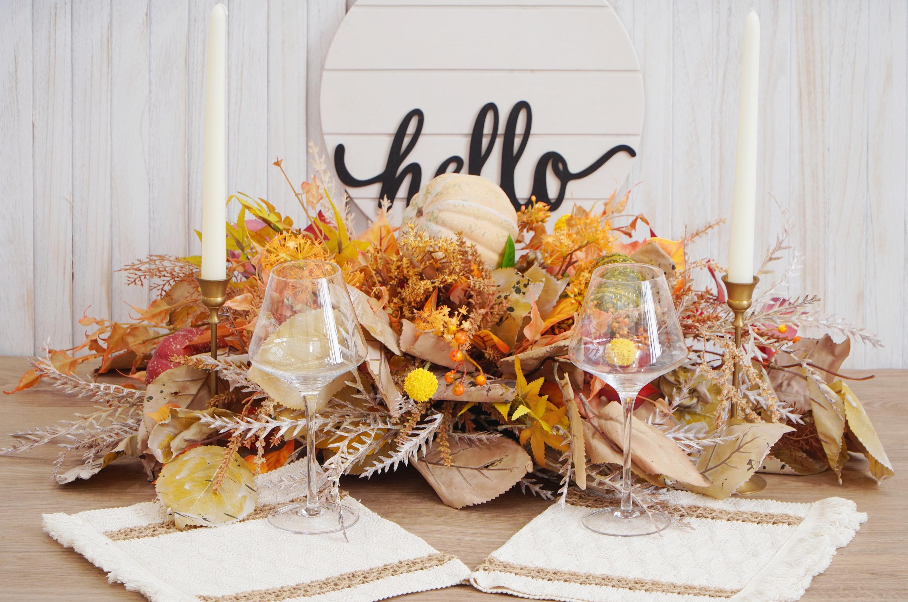 Autumn Harvest Pumpkin Centerpiece – Faux Fall Floral Table Garland with Gourds, Leaves & Rustic Accents