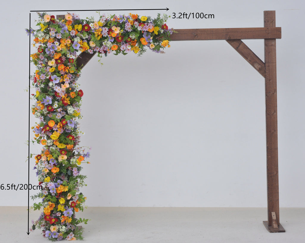 Wildflower Themed Wedding Arch Arrangements in Purple, Orange, Red and Yellow