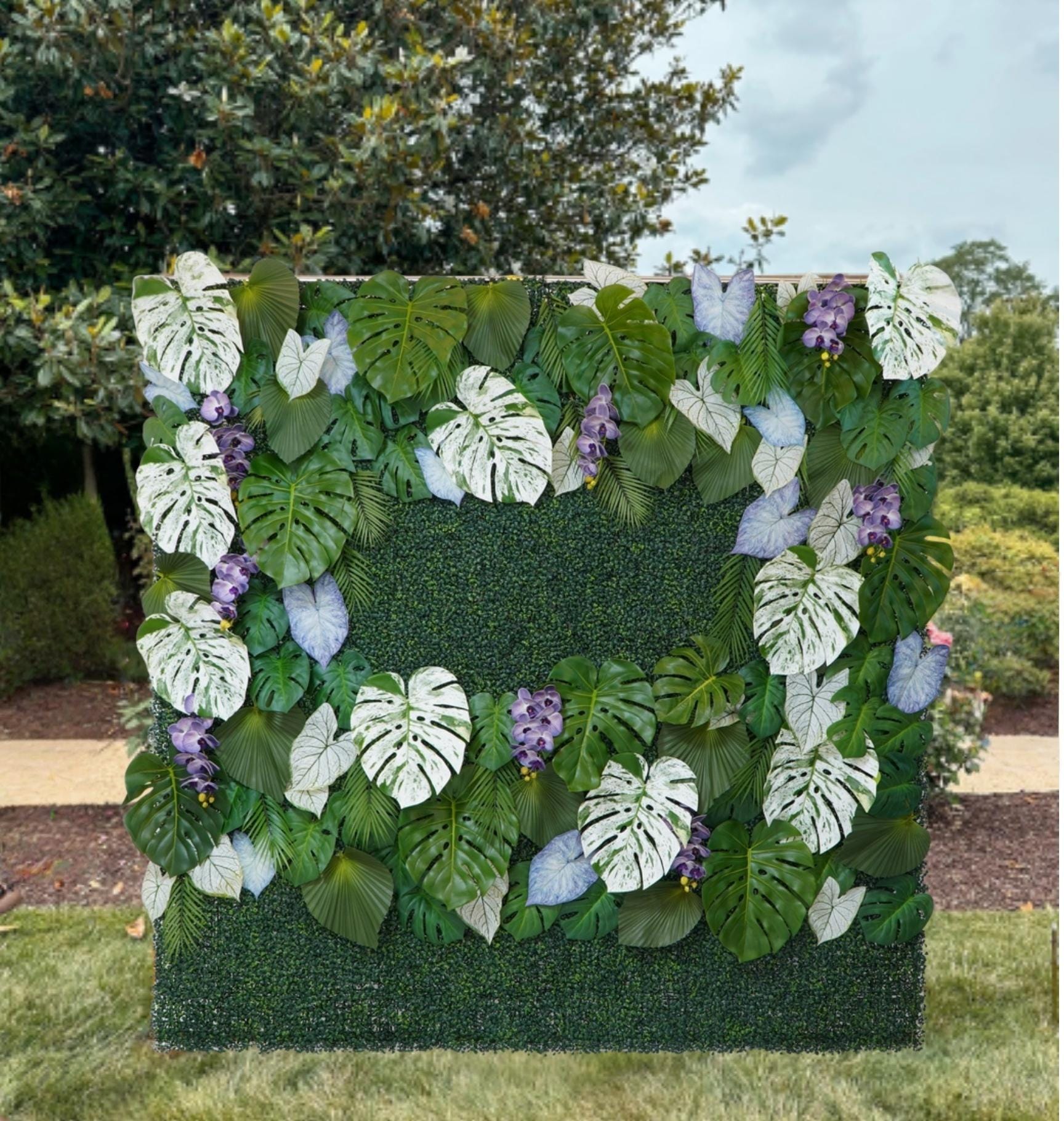 Faux Tropical Leaf Plant Wall: Purple Accents, Wedding Backdrop