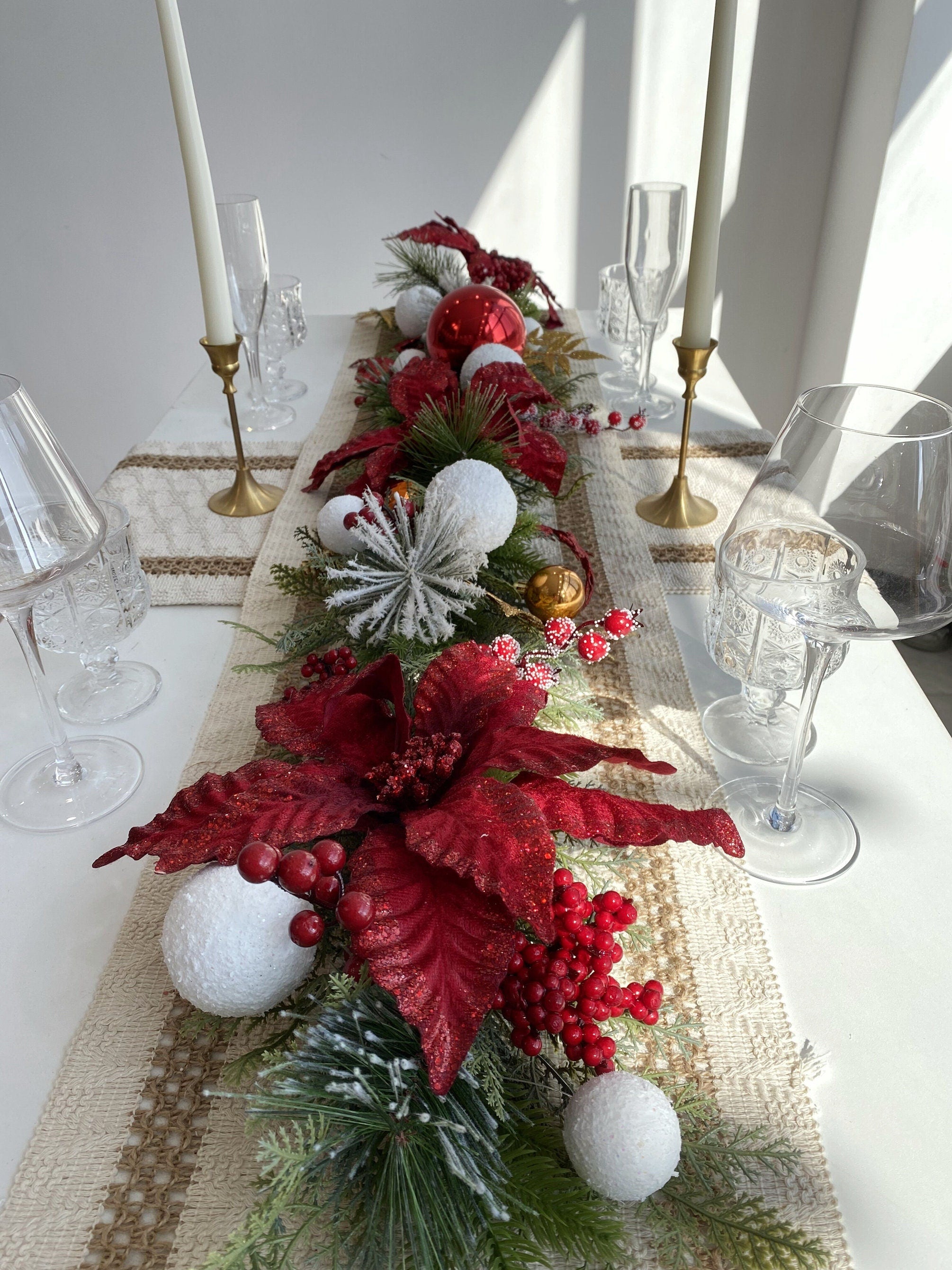 4.5FT Snow Kissed Christmas Garland and Matching Wreath with Red Poinsettias,Holly Berries and Snow Balls