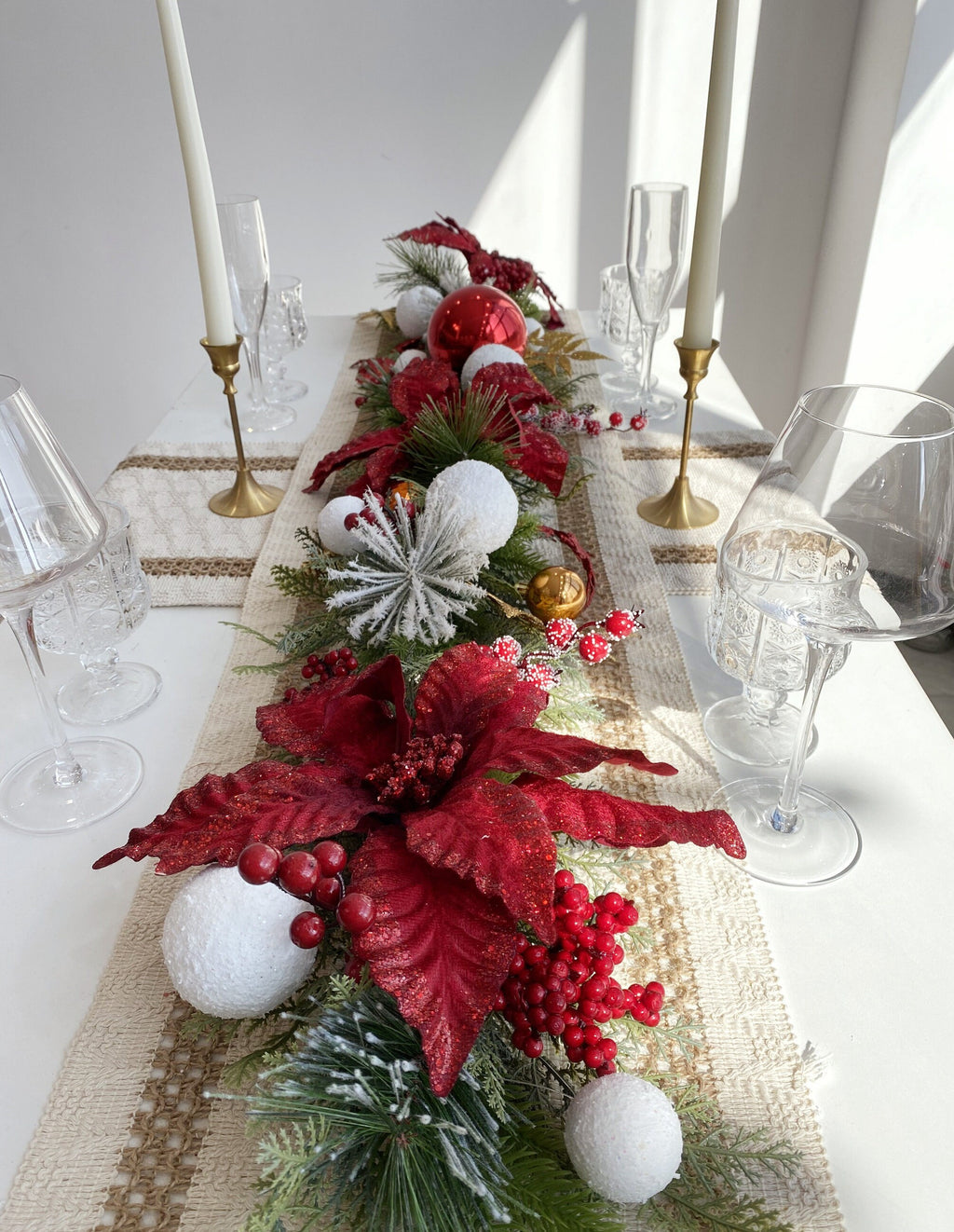 4.5FT Snow Kissed Christmas Garland and Matching Wreath with Red Poinsettias,Holly Berries and Snow Balls