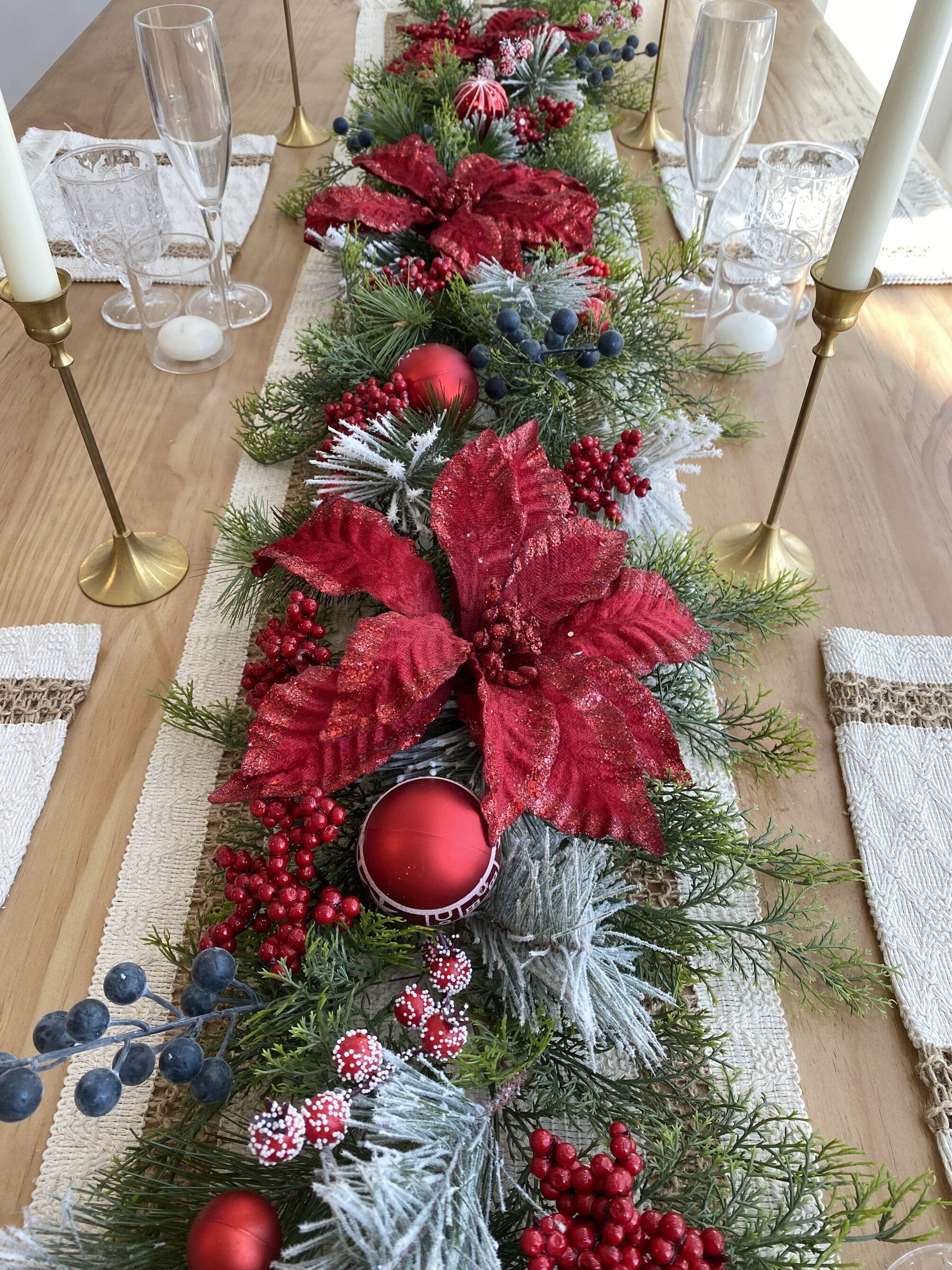 6.5FT Snow-Kissed Christmas Garland with Red Poinsettias, Red Balls, and Berries.