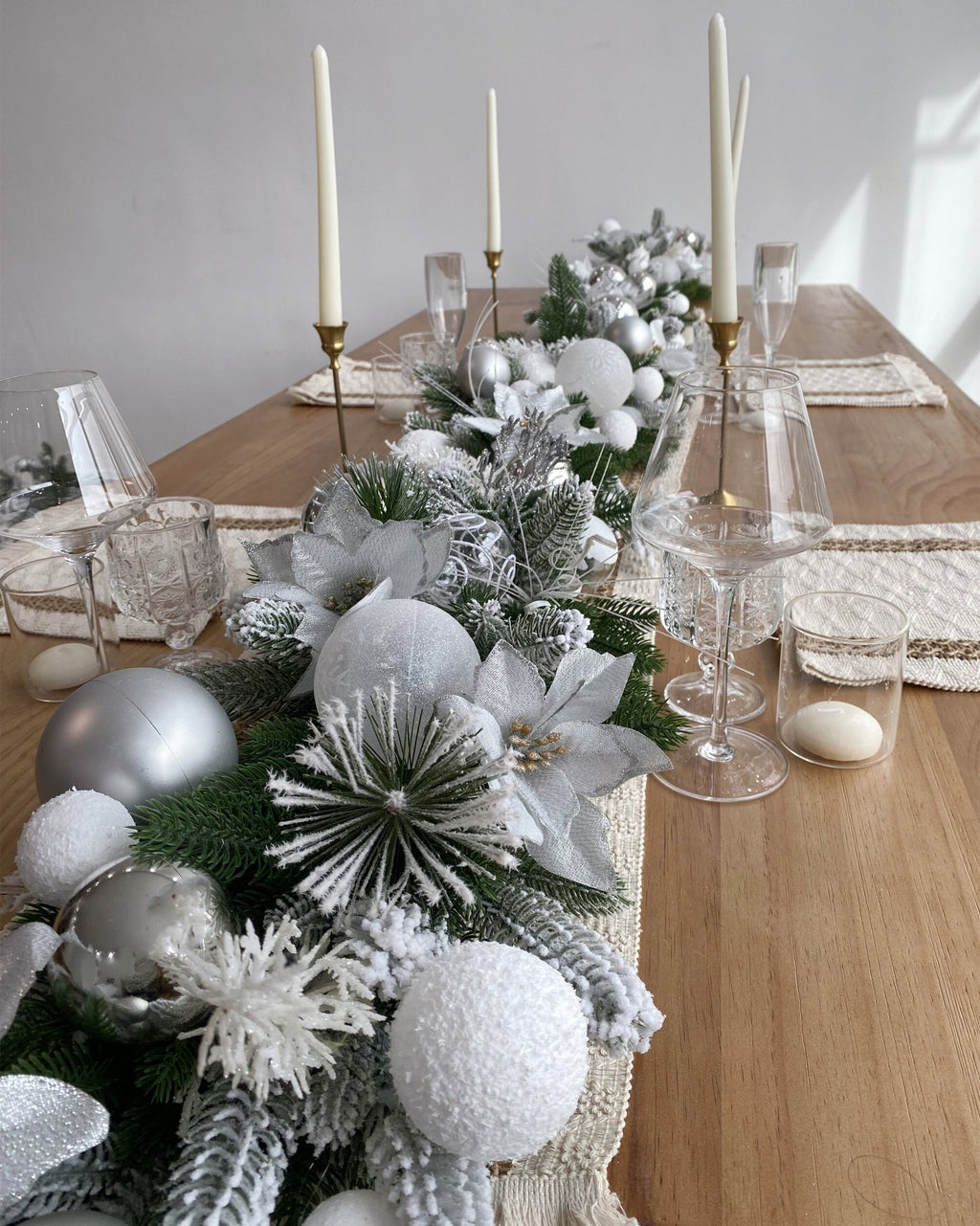 9FT Frosted Christmas Garland with Lights in Silver and White with Poinsettias,Snow Balls,Silver Balls and Leaves,Grass
