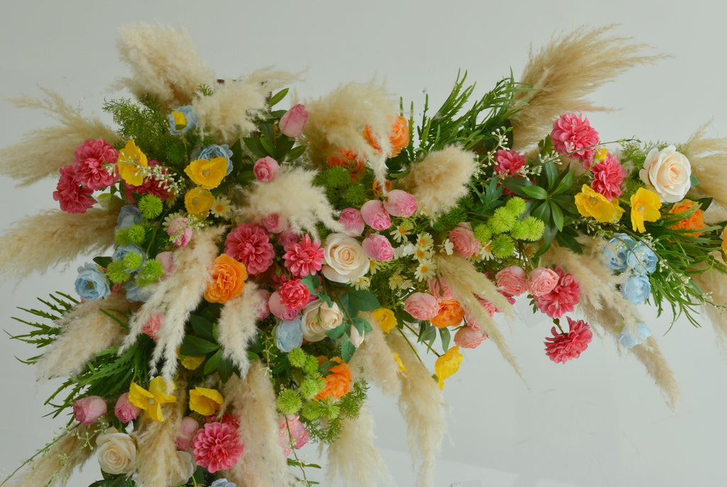 Colorful Pampas Grass Wedding Arch Flowers: Light Blue, Peach Ceremony Decor