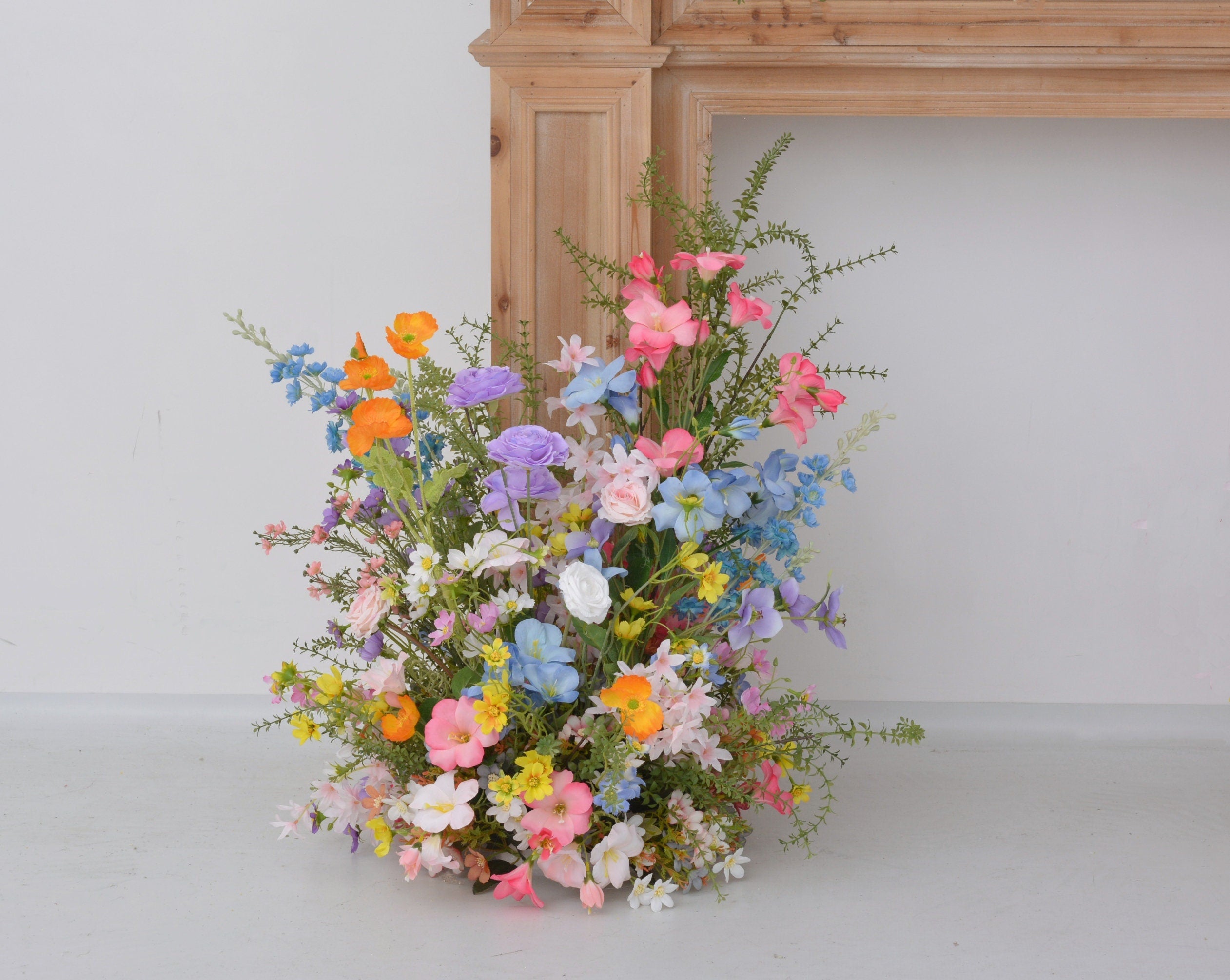 Pastel Wildflower Mantel & Floor Arrangement: Soft Pink, Peach, Lavender Decor
