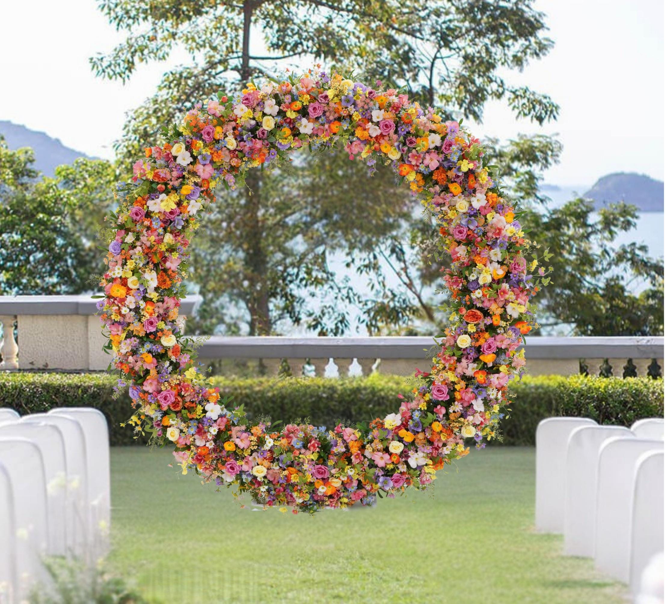 Colorful Round Floral Arch Backdrop – Artificial Wedding Ceremony Flower Decoration for Outdoor & Indoor Events