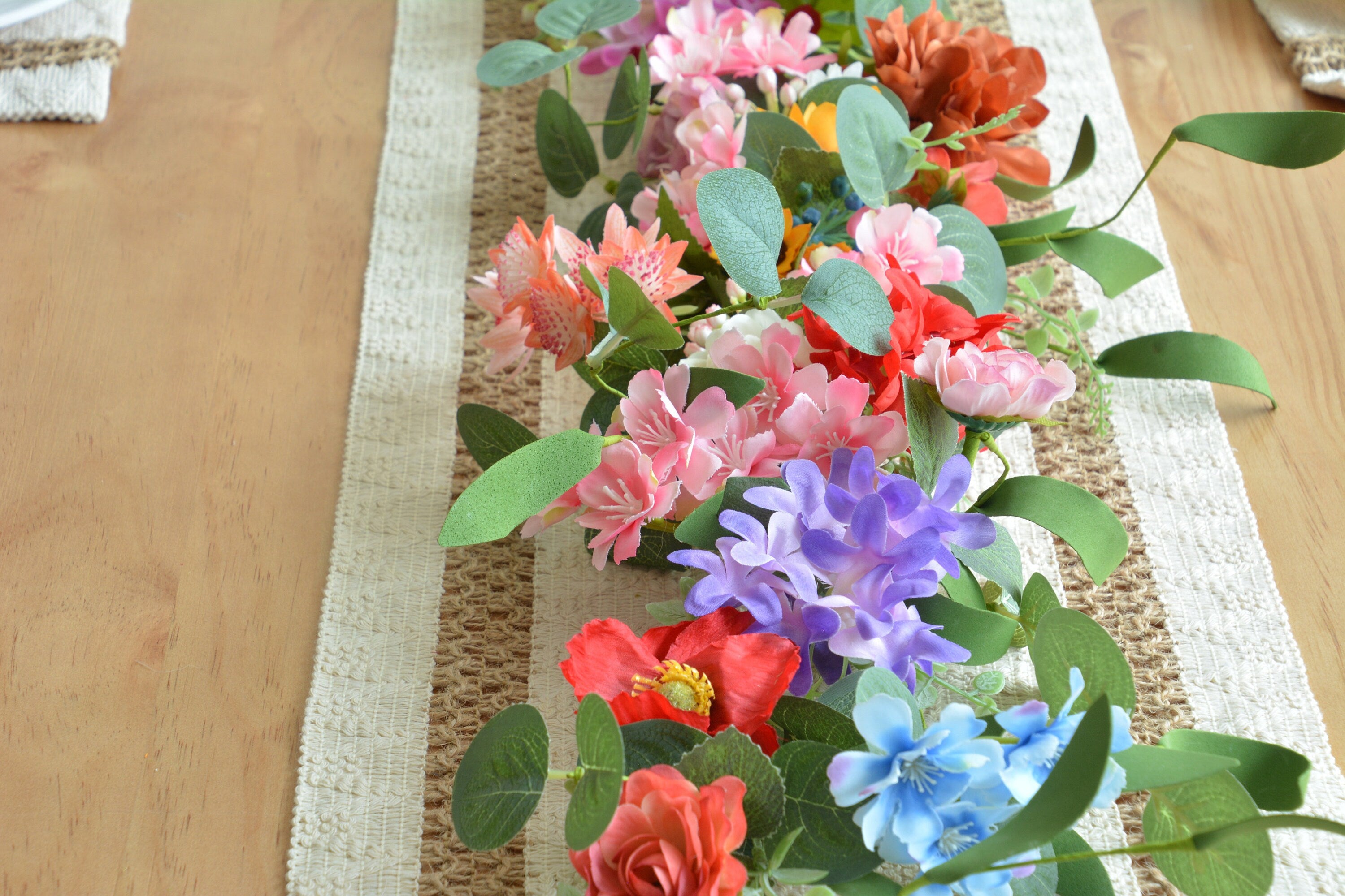 Eucalyptus Garland with Colorful Flowers: Summer Table Runner