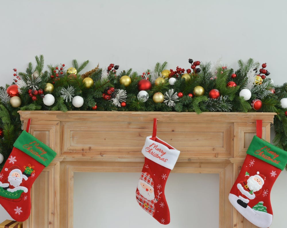 6FT Lush Christmas Mantel Garland with Red, Gold, and White Ornaments